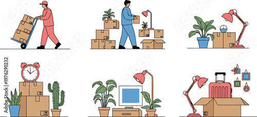 Moving Boxes and Relocation Illustration with Packing, Cart, Plants, Lamp, Suitcase, and Clock for Home or Office Organization