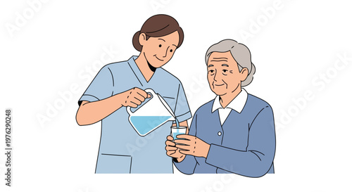 Nurse pours water for elderly patient illustration isolated on white background
