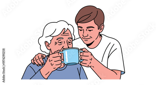 Young man helps elderly woman drink tea illustration isolated on white background