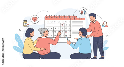Family planning medical appointments on calendar illustration isolated on white background