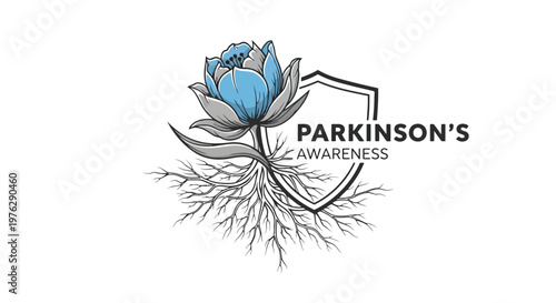 Blue tulip with roots inside shield for Parkinson's awareness isolated on white background