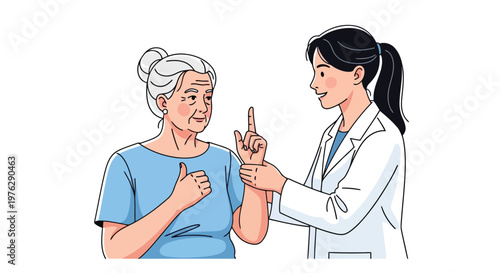 Doctor gestures to elder patient demonstrating finger movement isolated on white background