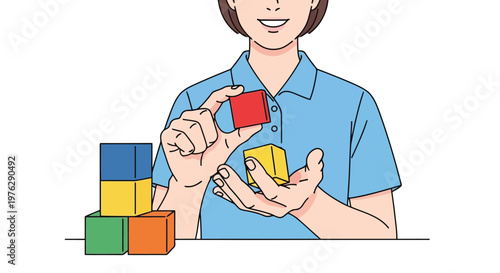 Person playing with colorful building blocks illustration isolated on white background