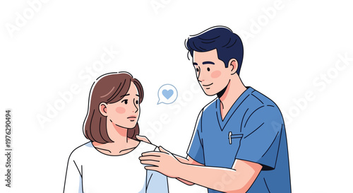 Caring male nurse comforts distressed female patient isolated on white background