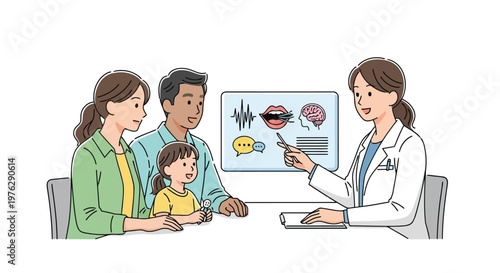 Speech therapist consults with family about child's development isolated on white background
