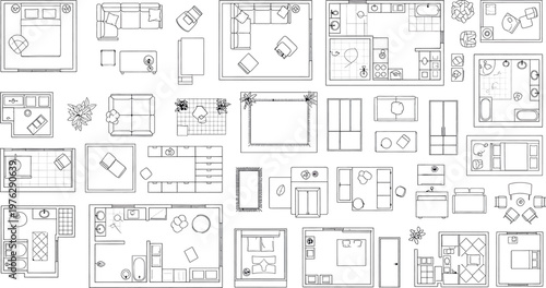 Architectural floor plans seamless pattern isolated on transparent background detailed blueprint design