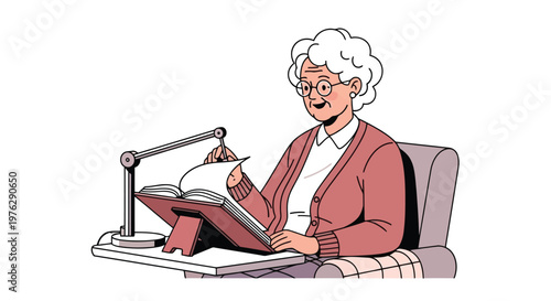 Elderly woman reading book with bright desk lamp illustration isolated on white background