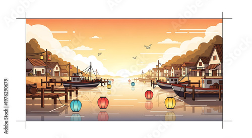 A serene vector illustration of a harbor scene at sunset with boats and colorful lanterns