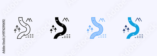 River and water flow icons representing freshwater systems, streams, and natural landscapes for eco design. Multiple style Icons set.