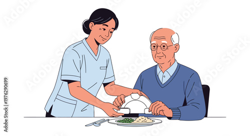 Nurse assisting senior man with meal on plate illustration isolated on white background