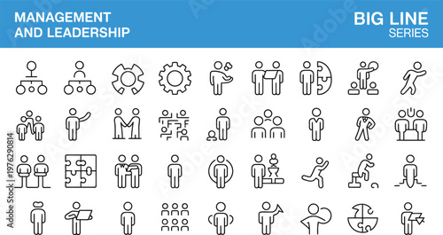 A comprehensive collection of minimalist line icons representing key concepts in business, management, leadership, and human resources for modern organizational strategies