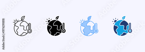 Climate icons covering temperature, global warming, and environmental change topics. Multiple style Icons set.