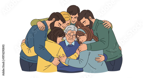 Family embracing elderly person with love and support isolated on white background
