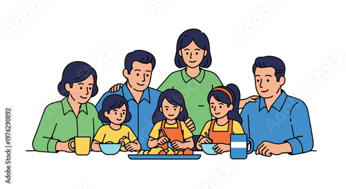 Family gathered around table preparing food together isolated on white background
