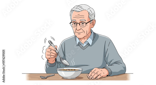 Elderly man eating soup with a spoon at table isolated on white background