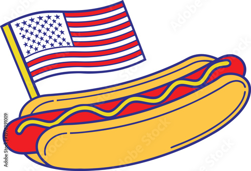 American Hotdog Street Food Illustration. Classic Hotdog Fast Food Meal Design. Hotdog With Sausage And Bun Style. American Hotdog Snack Food Concept. Hotdog Street Vendor Food Theme. Delicious Hotdog