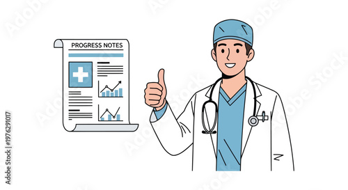 Doctor giving thumbs up near progress notes chart isolated on white background