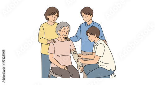 Family supporting elderly woman with prosthetic arm isolated on white background