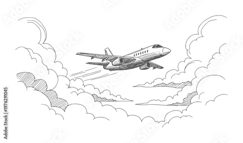 Hand drawn jet airplane flying through fluffy clouds aircraft flight travel