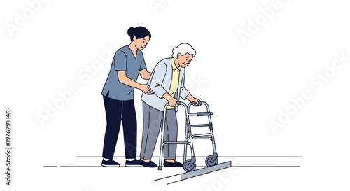 Nurse assists elderly woman with walker on ramp isolated on white background