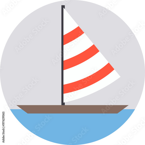 Sailboat Icon on Circular Background, Sea Ocean Travel Flat Vector Illustration