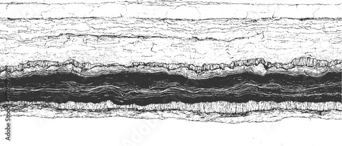 Detailed black ink of layered geological strata with rough textures and a dark central band abstract