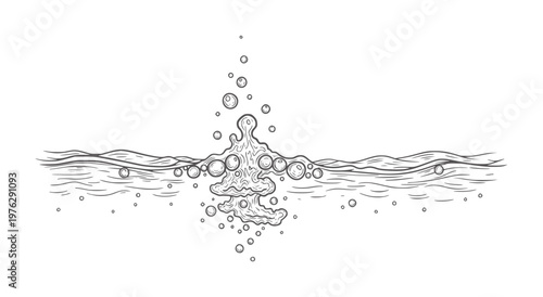 Line of water surface with splash and bubbles liquid