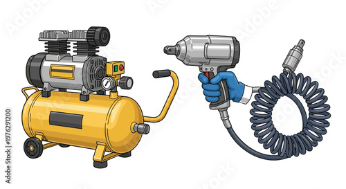 Air Compressor and Impact Wrench Tool Kit on White Background