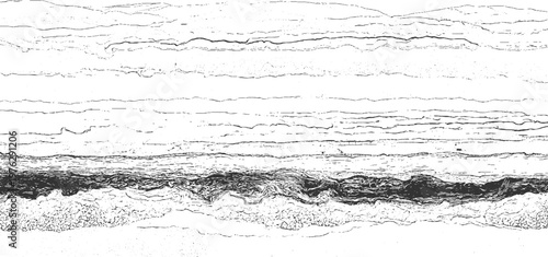 Abstract black and white textured horizontal lines and organic shapes resembling geological strata or wood grain
