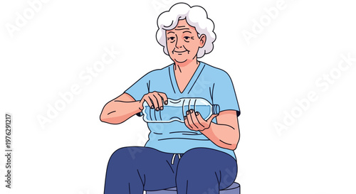 Elderly woman holding large water bottle for hydration isolated on white background