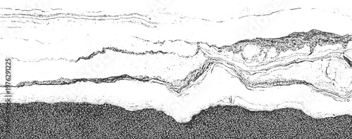 Abstract monochrome textured landscape with layered geological strata and granular foreground geology