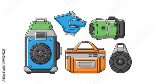 Set of stylized vintage audio equipment, boombox and microphones
