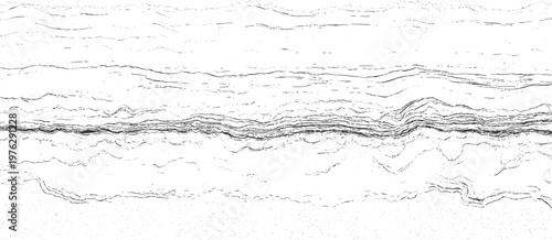 Abstract black and white wavy lines and dots pattern resembling geological strata or sound waves
