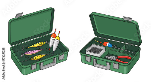 Open Fishing Tackle Box with Lures, Floats, Hooks, and Pliers