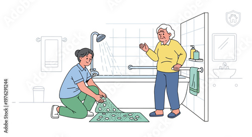 Caregiver assisting elderly woman with bath mat placement isolated on white background