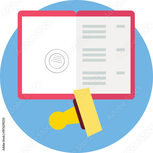 Certificate Document Icon on Circular Background, Business Approval Flat Vector Illustration