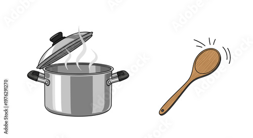 stainless steel pot with lid and wooden spoon on white background
