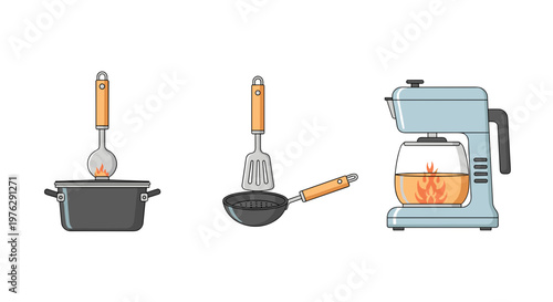 flat lay kitchen cooking tools set with coffee maker illustration