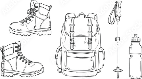 Essential gear illustration for hiking and outdoor adventures Vector