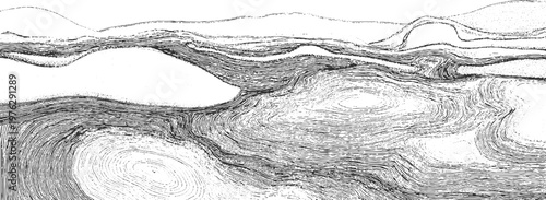 Abstract monochrome swirling lines and dots forming topographical landscape contours black white