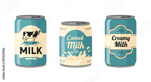 three creative milk can designs with fresh dairy concept on light background