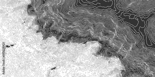 Black and white topographic map contour lines showing mountain elevation and terrain abstract background