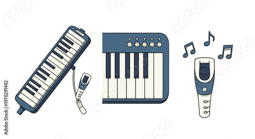 digital music keyboard with sound waves and usb cable illustration