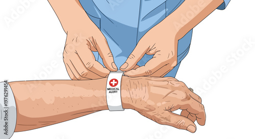 Nurse attaching medical alert bracelet to elderly person's wrist illustration isolated on white background