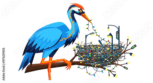 A vibrant blue heron perched on a branch decorating its nest with colorful Christmas lights