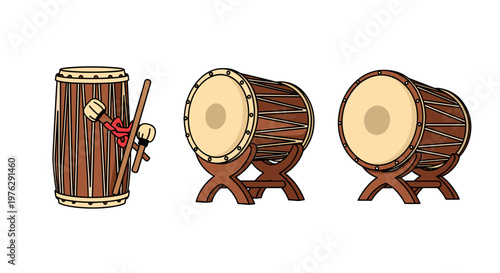 traditional japanese taiko drums set isolated on white background