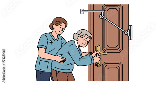 Caregiver assisting senior woman opening door illustration isolated on white background