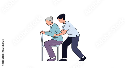 Nurse helping elderly woman sit down on chair illustration isolated on white background