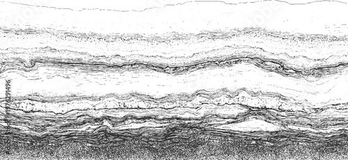Black and white abstract representation of layered geological strata with textured patterns and wavy lines