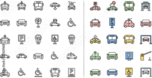 Car and automotive service icons set featuring vehicles repair tools engine parts steering wheels batteries keys and professional garage maintenance elements vector collection.